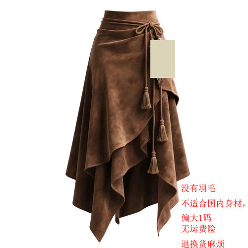 Women Long Autumn Skirts咖色半身裙女不规则系带显瘦a字中长裙
