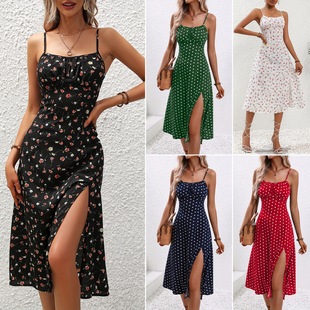 Print Floral Sexy洋气裙性感吊带开衩碎花连衣裙 Dresses Women