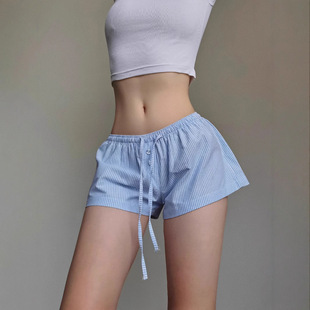 Women Shorts Casual Home Wear Short Pant条纹绑带短裤女低腰裤