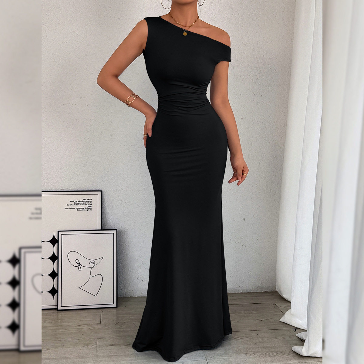 Sexy Long Dresses欧美女装鱼尾裙斜肩领腰部褶皱无袖性感连衣裙
