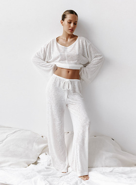 Women Sleepwear Home Wear Sets长袖系带长裤睡衣套装棉家居服女