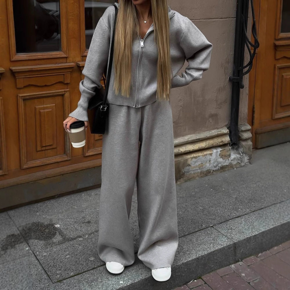 欧美女装时尚长袖毛衣开衫长裤运动两件套休闲开衫套装Sport Suit
