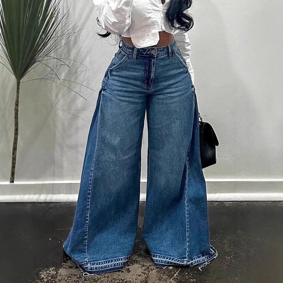 Women Wide Leg Denim Jean Pant欧美阔腿牛仔裤女喇叭裤流苏长裤
