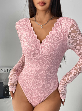 Sexy Slim Women Lace Bodysuit性感纯色蕾丝长袖辣妹修身连体衣