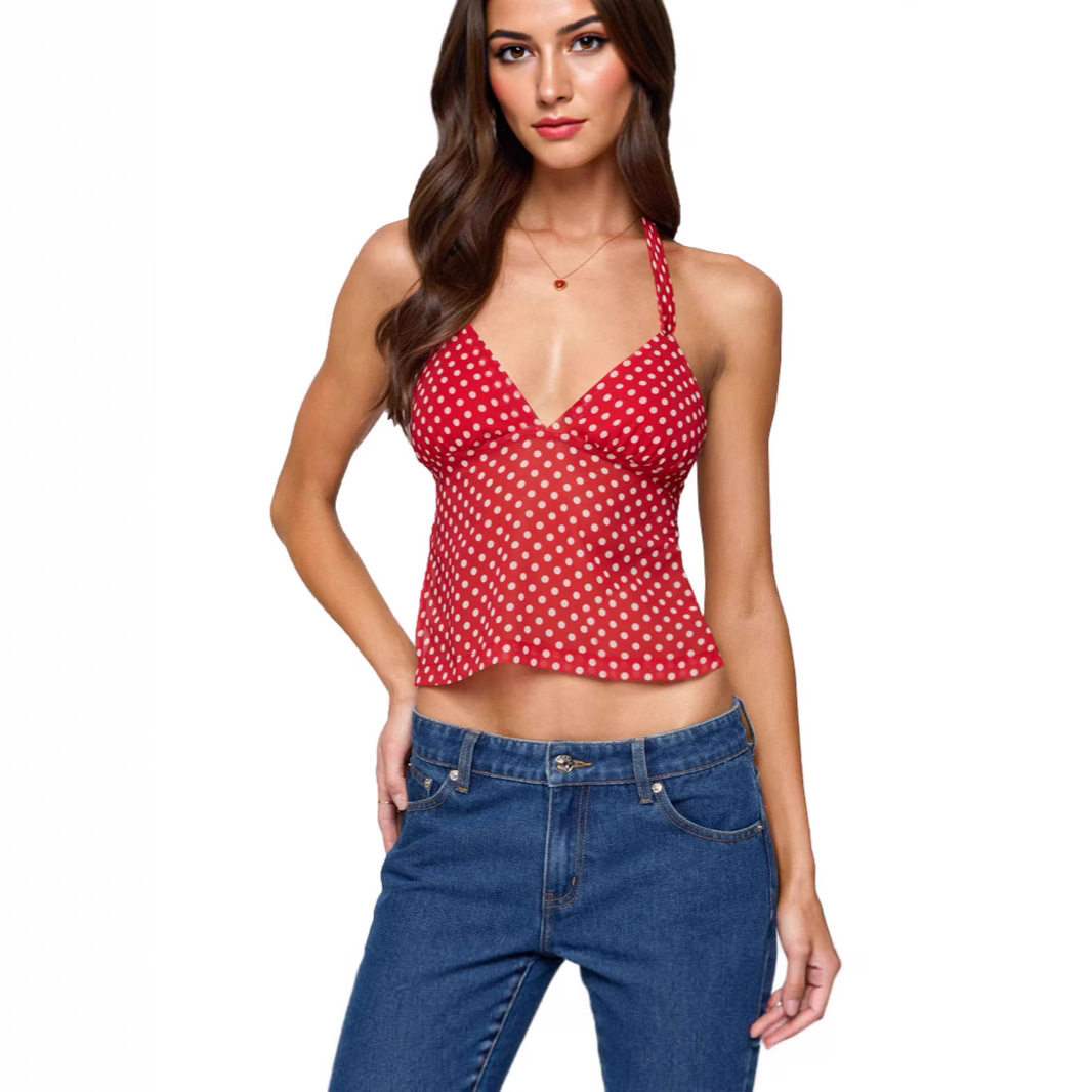 Women Vest Tank Top女装夏季V领挂脖吊带性感波点辣妹吊带上衣女