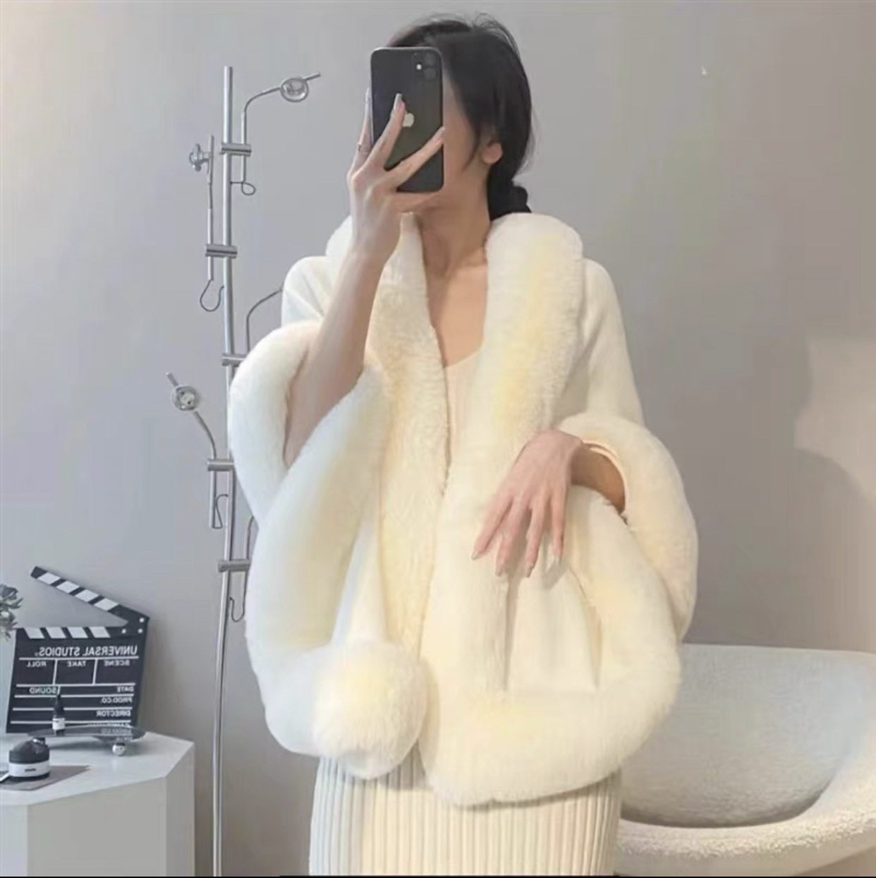 Poncho Cape Shawl仿獭兔毛领披肩斗篷女式针织开衫宽松披肩外套