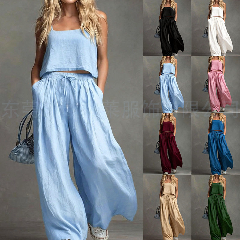 Fashion Women Outfits Sets欧美纯色休闲棉麻吊带上衣阔腿裤套装