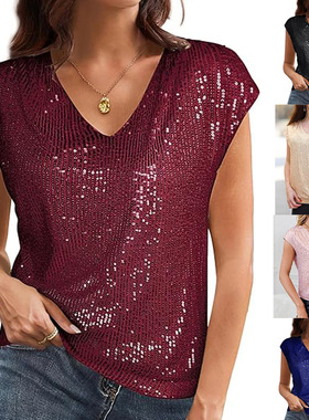 Women Tops Sequin Tees T-Shirt插肩袖亮片修身V领纯色上衣T恤女