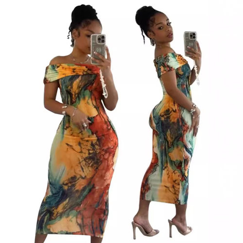 Sexy Off Shoulder Dresses欧美女装杂色一字肩时尚个性连衣裙