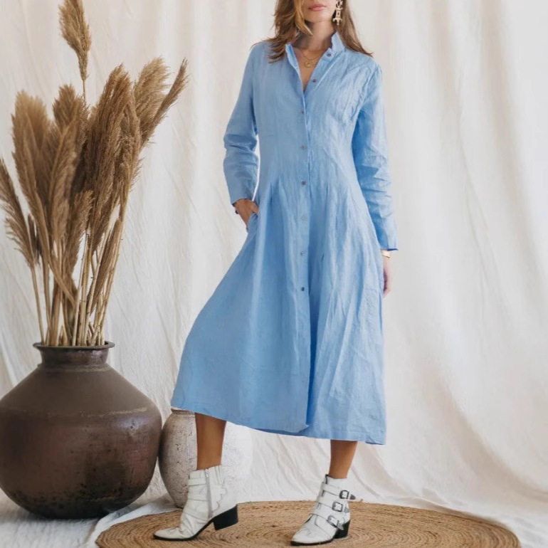 Women Cotton Long Dresses棉麻长款不规则连衣裙衬衫领休闲长裙