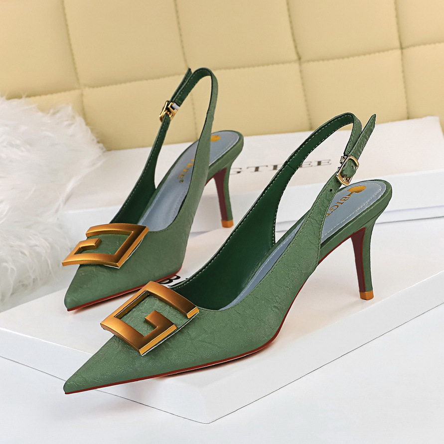 High Heel欧美风宴会女鞋细跟高跟浅口尖头镂空后绊带四方扣单鞋