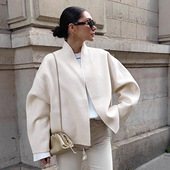 Coat Jacket法式 时尚 Women 杏色毛呢外套秋冬宽松V领夹克上衣女装