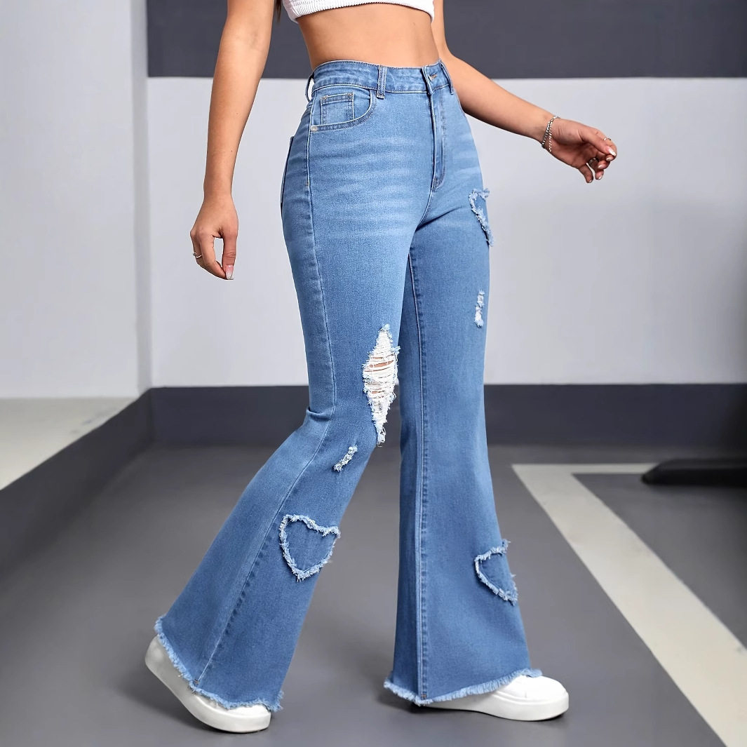 Women Denim Jeans牛仔裤女百搭喇叭修剪时尚休闲心形破洞喇叭裤