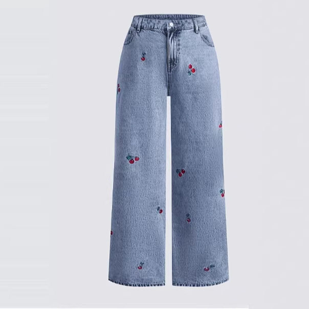 Women Denim Jean欧美复古洗水做旧显瘦弹力红色樱桃花刺绣牛仔裤