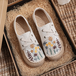 Linen Cotton Flat Flowers Loafer布鞋 Women Shoes Embroidered