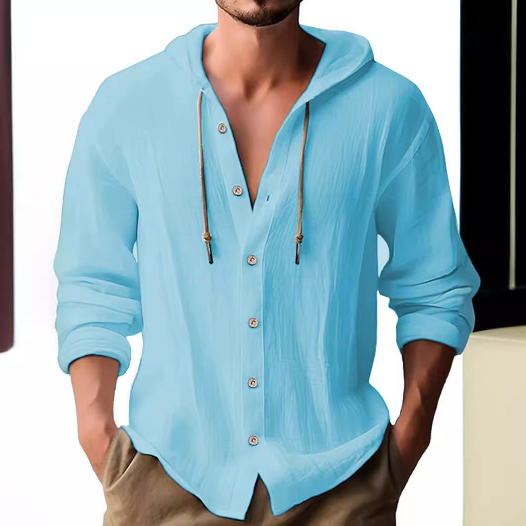Men Shirts Hooded Tshirt Tops连帽T恤衫纯色棉麻男休闲长袖上衣