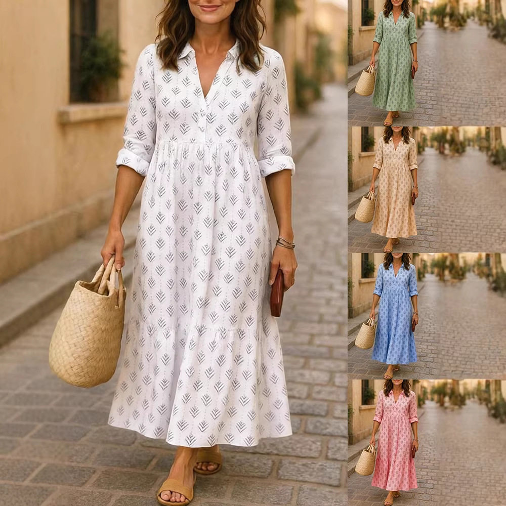 Women Dresses Shirt休闲长袖翻领长款数码印花女式衬衫连衣裙