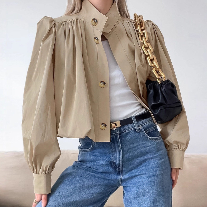 Women Coat Loose Outwear短款褶皱宽松立领泡泡袖卡其色风衣外套