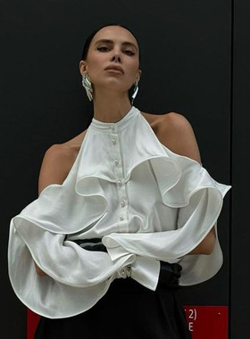 Women White Shirt Off Shoulder Top荷叶边圆领露肩长袖白色衬衫