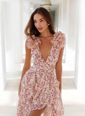 Women Dresses Floral Backless长裙镂空深V荷叶边碎花露背连衣裙