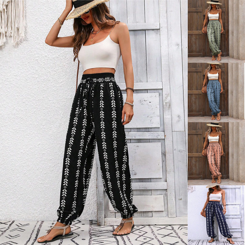欧美女装春夏百搭网格阔腿灯笼裤休闲裤Long Trouser Casual Pant