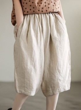 棉麻五分裤文艺复古休闲裤松紧腰大码裤Summer Women Short Pants