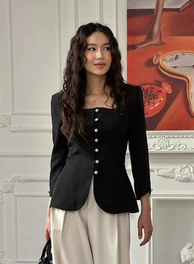 Women Black Coat Outwear春秋新款欧美上衣感方领修身黑色外套
