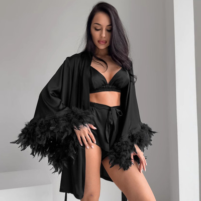 羽毛柔软宽松仿真丝睡衣三件套家居服女Women Pajamas Homewear