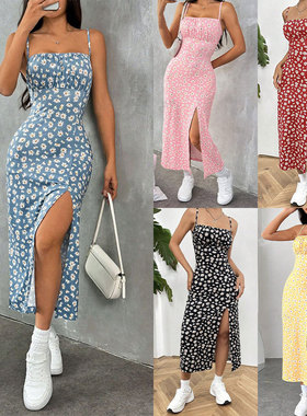 Women Long Dresses Tube Top春夏吊带裹胸开衩印花中款连衣裙女