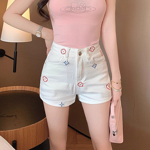 Women Denim Jeans Shorts Pant Elegant高腰刺绣设计感牛仔短裤