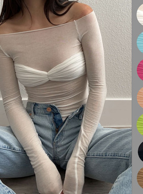 Women Tops Off Shoulder Sexy Tees T-Shirt 轻薄一字领t恤上衣