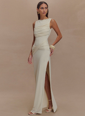 Summer Women Party Dresses夏季圆领露背连衣裙压褶开叉修身礼服