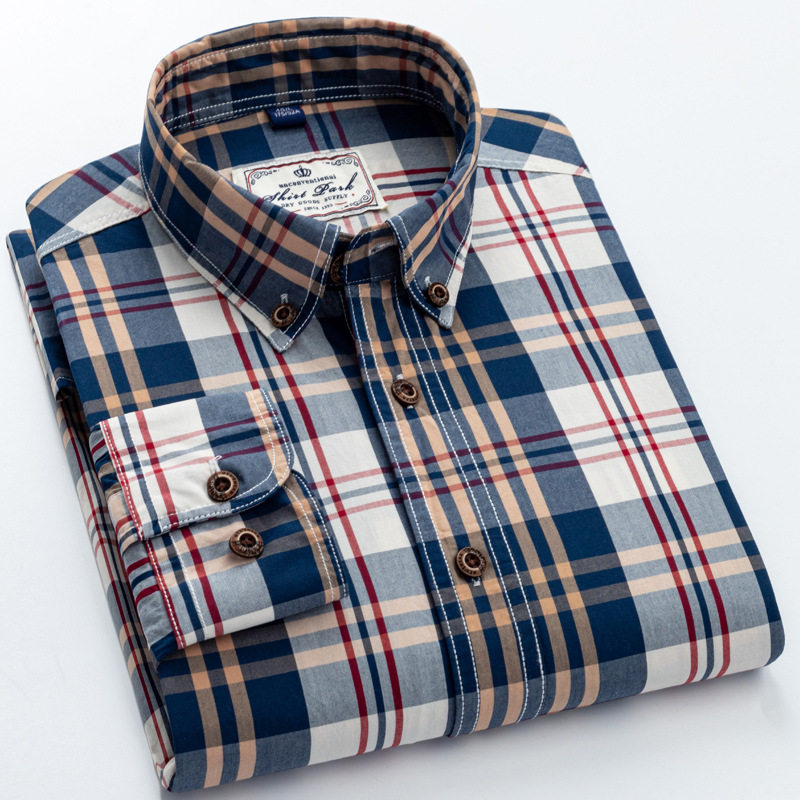Men Shirt男纯棉格子长袖衬衫春季全棉休闲衬衣韩版修身水洗免烫