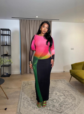 Women Elegant Print Long Dresses欧美女装网纱优雅长袖连衣裙