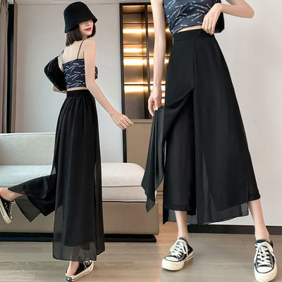 Women Casual Pants Chiffon Trouser黑色九分裤雪纺阔腿休闲裤裙