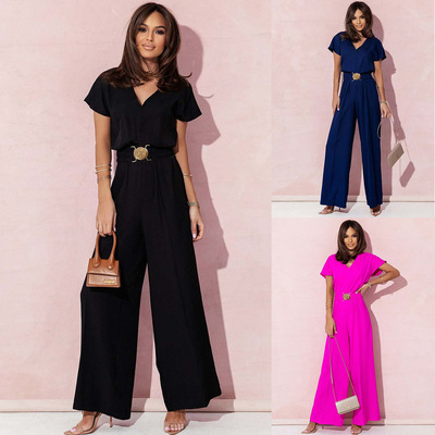 Women Jumpsuit Long Dresses Romper欧美收腰短袖休闲长裤连体裤
