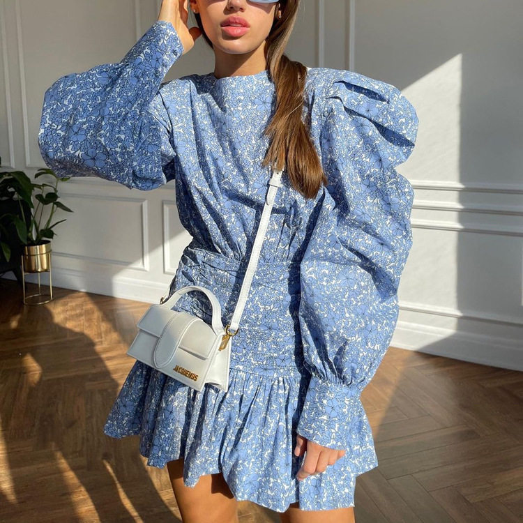 Women Print Dresses欧美女装春印花碎花短裙收腰百褶休闲连衣裙