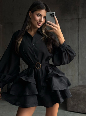 Women Dresses Black Elegant Clothes气质优雅黑色连衣裙蓬蓬裙