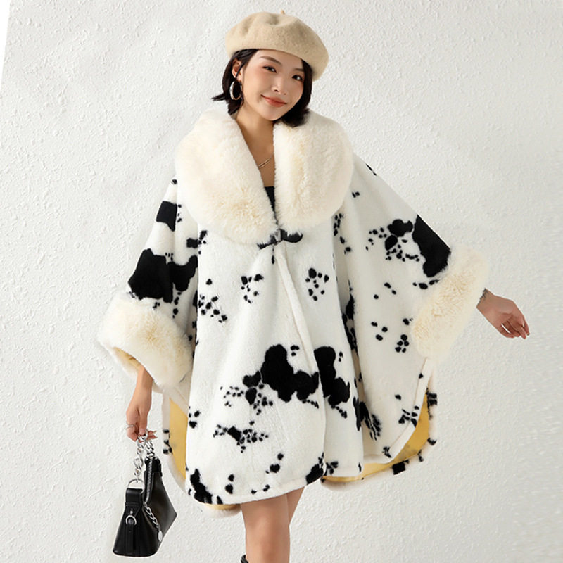 Women Coat Poncho Print Cardigan毛领斗篷披肩女蝙蝠袖印花开衫