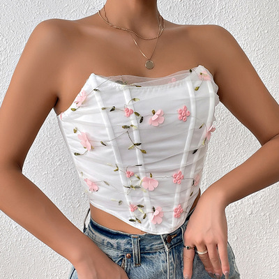 Women Floral Short Tube Top Fashion Outwear Vest花朵外穿抹胸