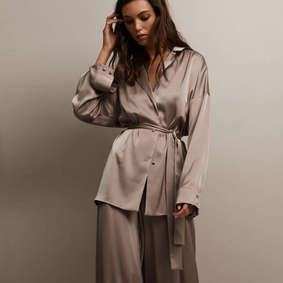 Women Pajamas Home Wear Silk仿真丝宽松长袖睡袍睡衣套装家居服