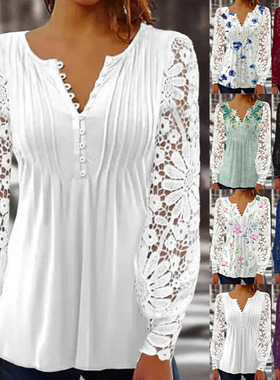 S-5XL Women T Shirts Blouse Tops Lace蕾丝花边袖纯色t恤打底衫
