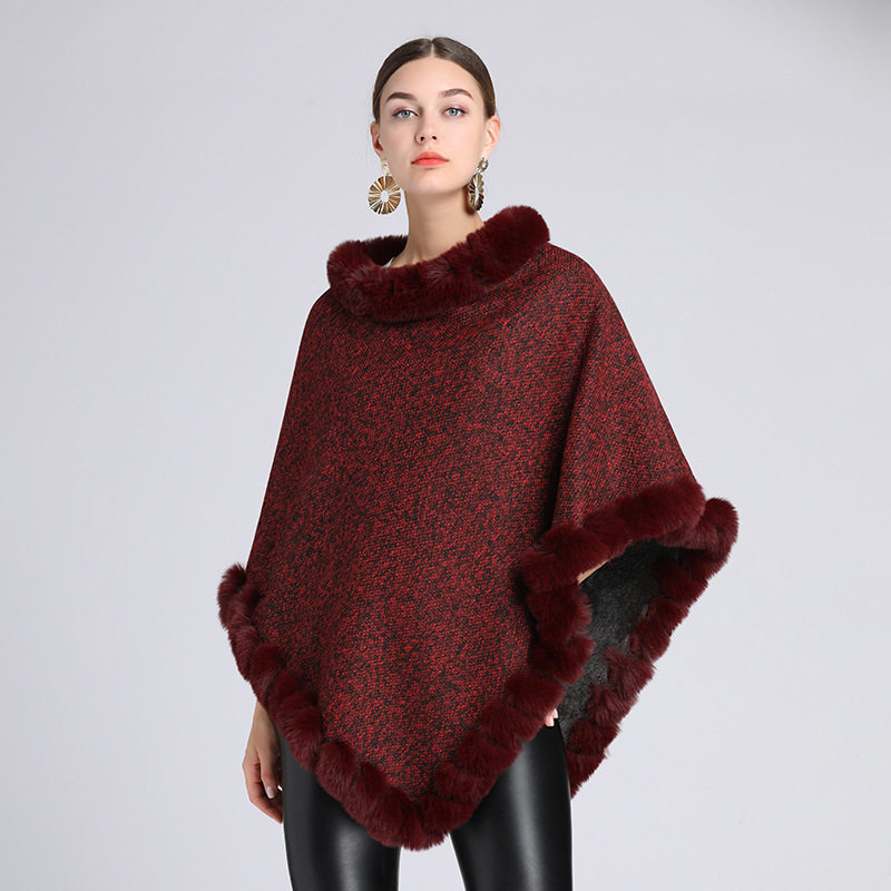 Women Poncho Shawl Cape加绒加厚仿獭兔毛领披肩斗篷针织套头衫