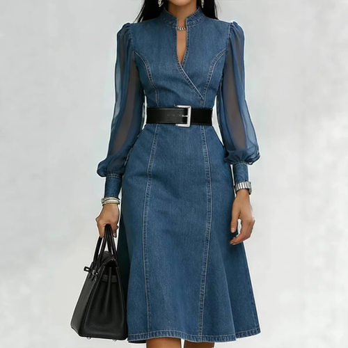 Women Denim Dresses春夏欧美长袖立领收腰显瘦长袖牛仔连衣裙