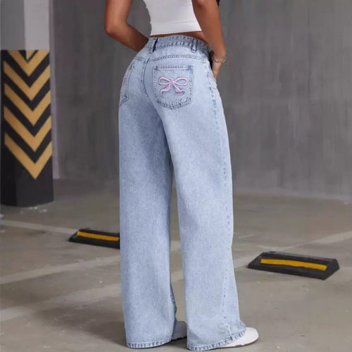 Plus Size Denim Jeans Pants Trouser直筒宽松长裤刺绣牛仔裤女