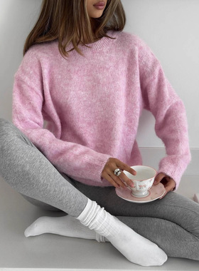 美式短款灰色套头毛衣女秋冬宽松长毛圆领针织衫Knitted Sweater