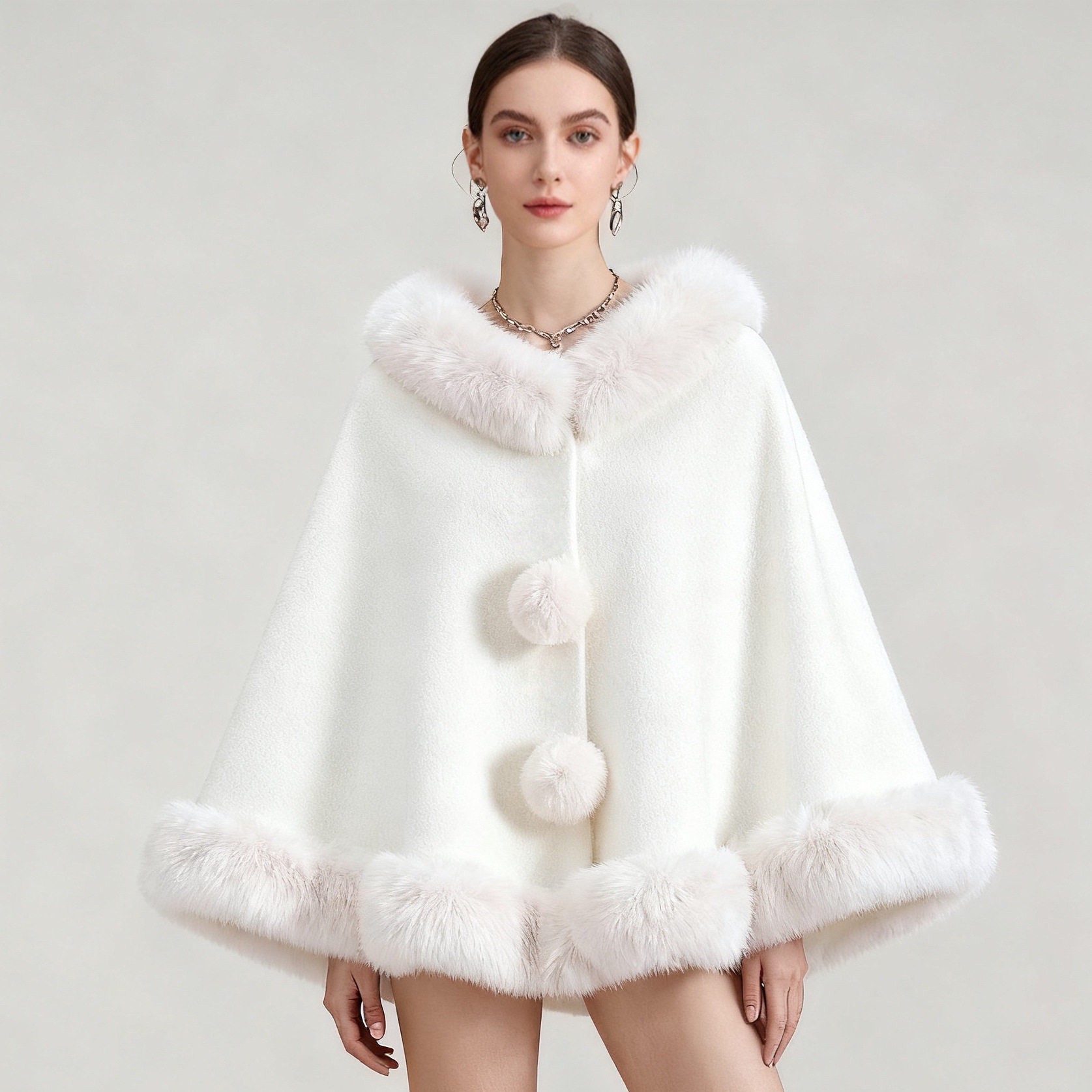 Shawl Poncho Women Coat毛领披肩斗篷纯色毛球开衫外搭披风外套