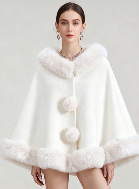 Shawl Poncho Women Coat毛领披肩斗篷纯色毛球开衫外搭披风外套