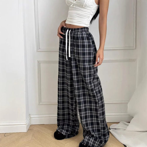 Fashion Women Pants欧美秋季新款格纹休闲宽松阔腿裤欧美女裤