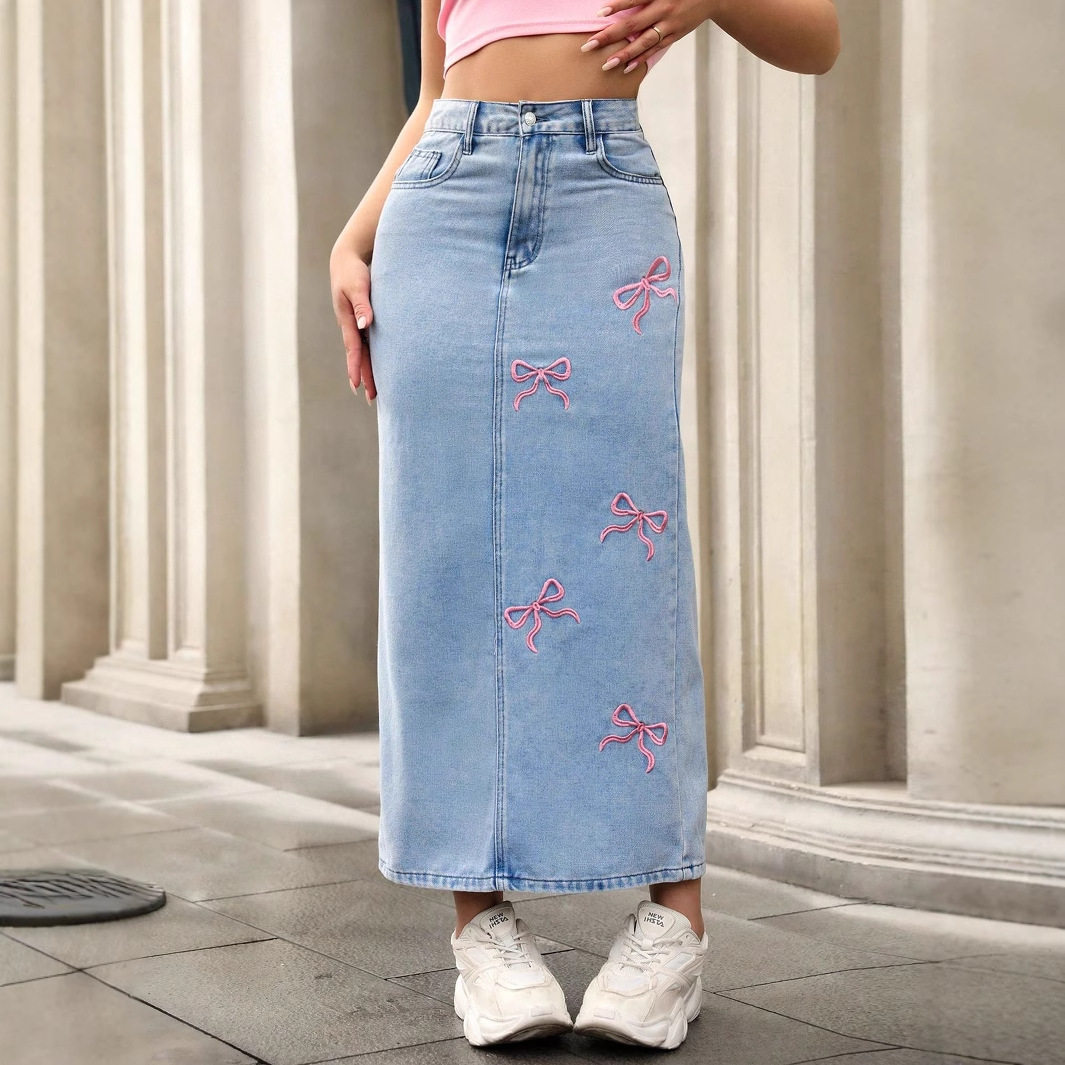 Women Denim Skirts欧美蝴蝶结爆款时尚珍珠女装百搭牛仔半身裙